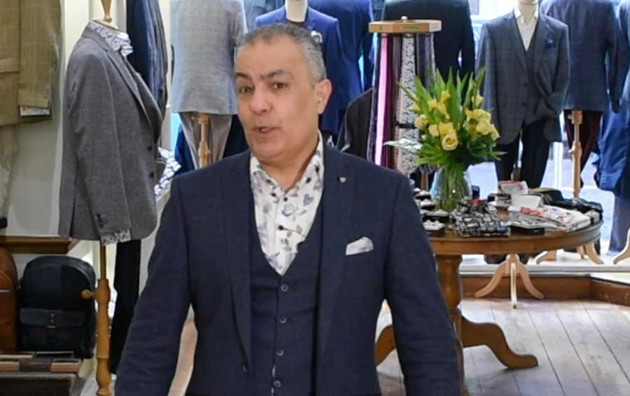 Ali talking about casual summer jackets and trousers at Gabucci in Bath
