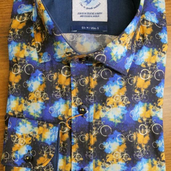 A Fish Named Fred shirt with bicycles on blue cotton