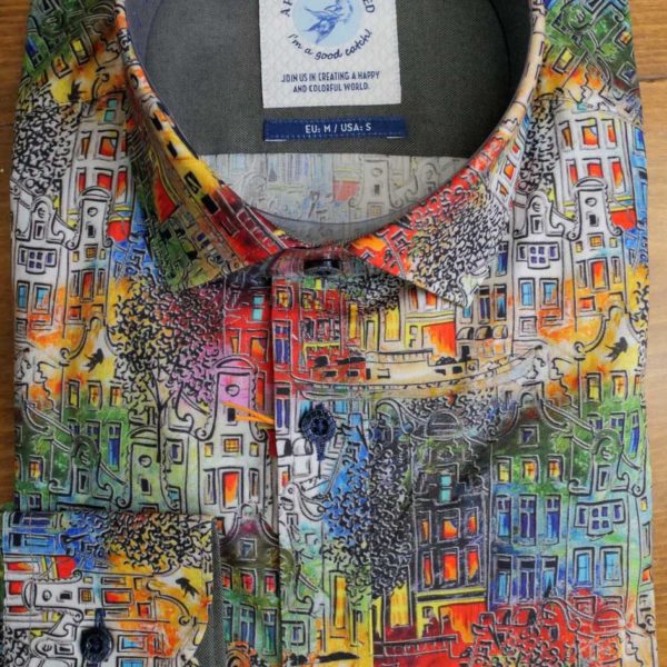 A Fish Named Fred shirt with colourful buildings on grey cotton