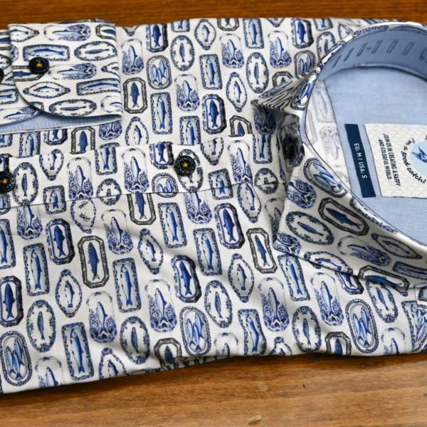 A Fish Named Fred shirt with blue fish on plates on white cotton.