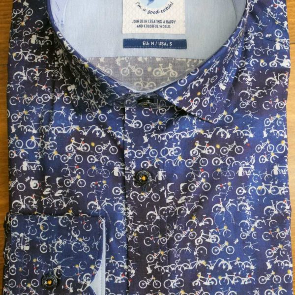 A Fish Named Fred shirt with tiny bicycles on blue cotton