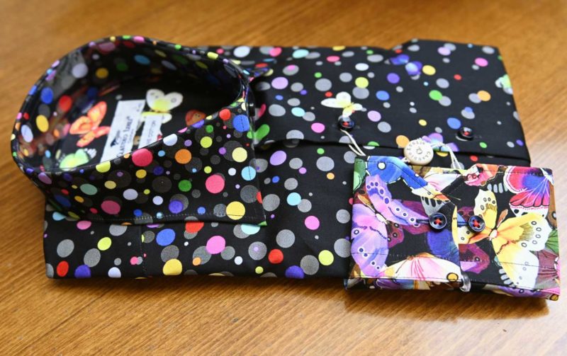 Claudio Lugli shirt with butterflies with coloured spots on black with butterfly lining