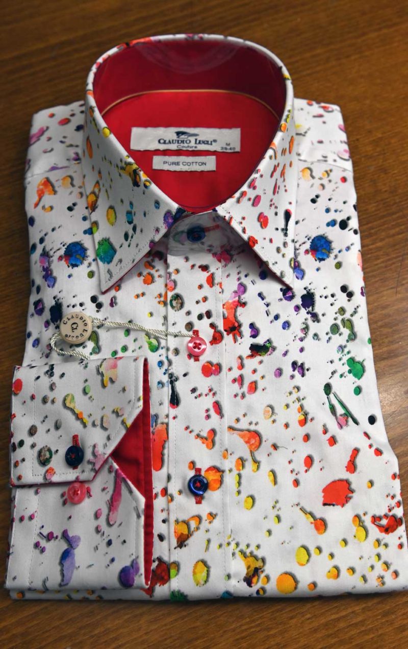 Claudio Lugli shirt with small paint splodges on white, red lining.