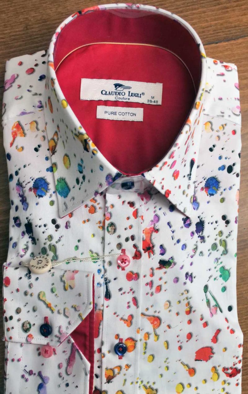 Claudio Lugli shirt with small paint splodges on white, red lining.