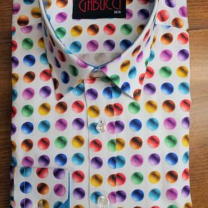 Gabucci shirt with pinballs on white with pinball lining.