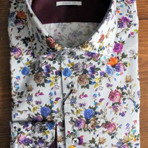 Giordano cotton shirt with blue orange and purple roses on white cotton