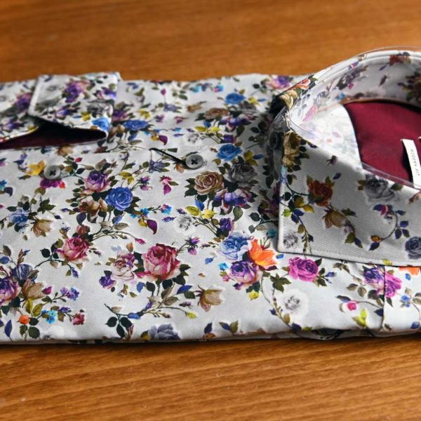 Giordano cotton shirt with blue orange and purple roses on white cotton