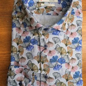 Giordano shirt with brown and blue leaves on pale grey cotton