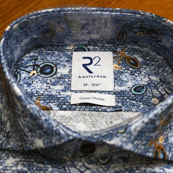R2 cotton shirt with bicycles on blue and white