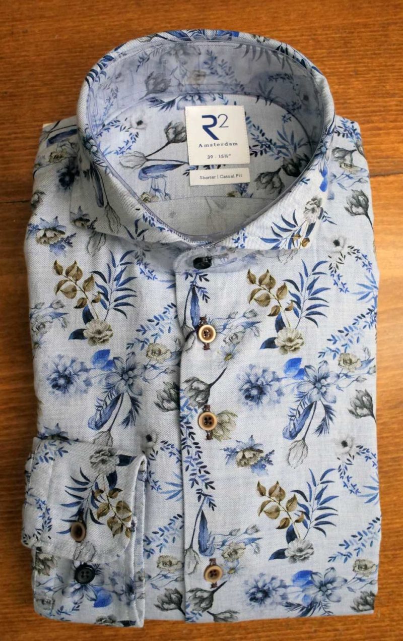 R2 cotton shirt with blue flowers on blue design