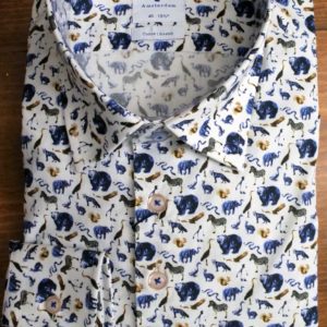 R2 cotton shirt with small blue wild animals on white