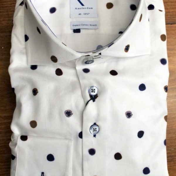 R2 shirt with small brown and blue spots on white