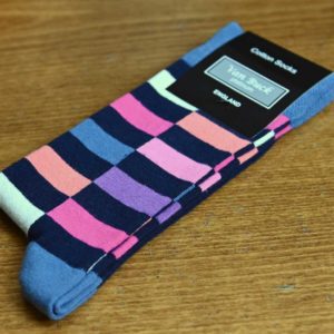 Van Buck english cotton socks blue pink pale blue and purple on navy blocks
