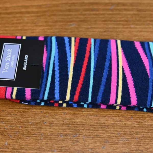 Van Buck english cotton socks pink and blue stripes on navy