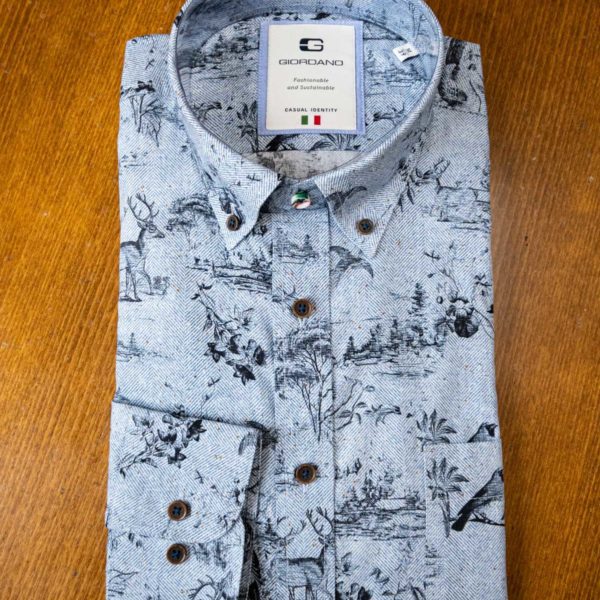 Giordano cotton shirt with autumn scene with stags, birds and foliage black on grey.