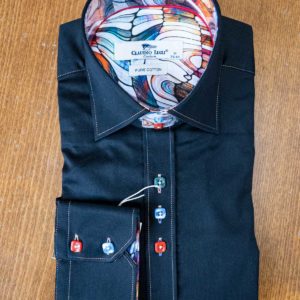 Claudio Lugli shirt in black cotton with colourful buttons and lining.