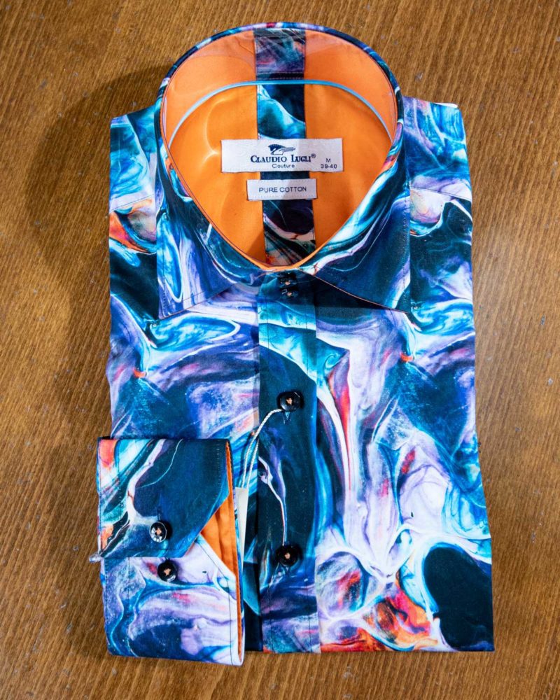 Claudio Lugli shirt with blue and pink design with orange lining
