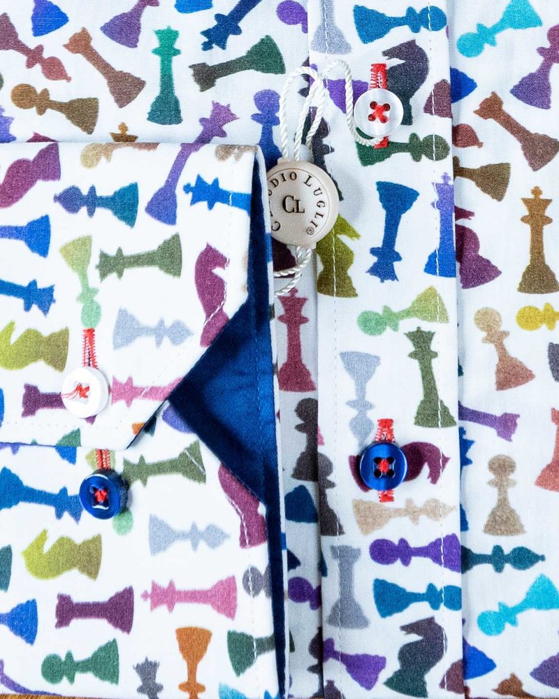 Claudio Lugli shirt with colourful chess pieces on white cotton with a blue lining