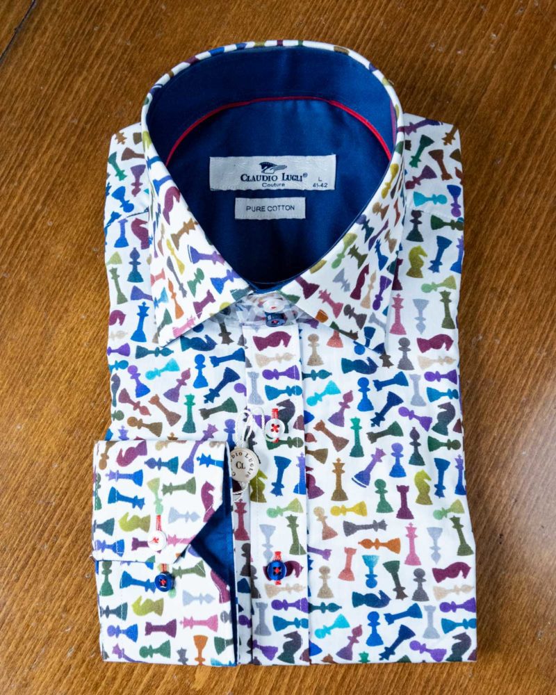 Claudio Lugli shirt with colourful chess pieces on white cotton with a blue lining