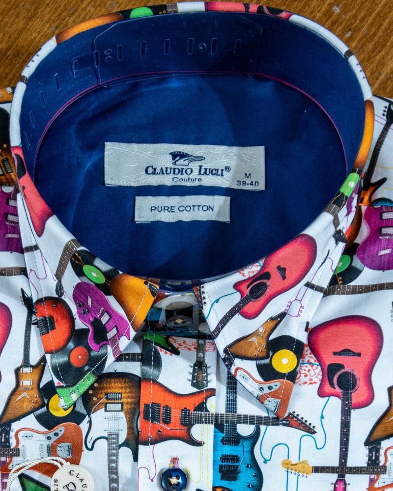 Claudio Lugli shirt with colourful guitars on white cotton with a blue lining