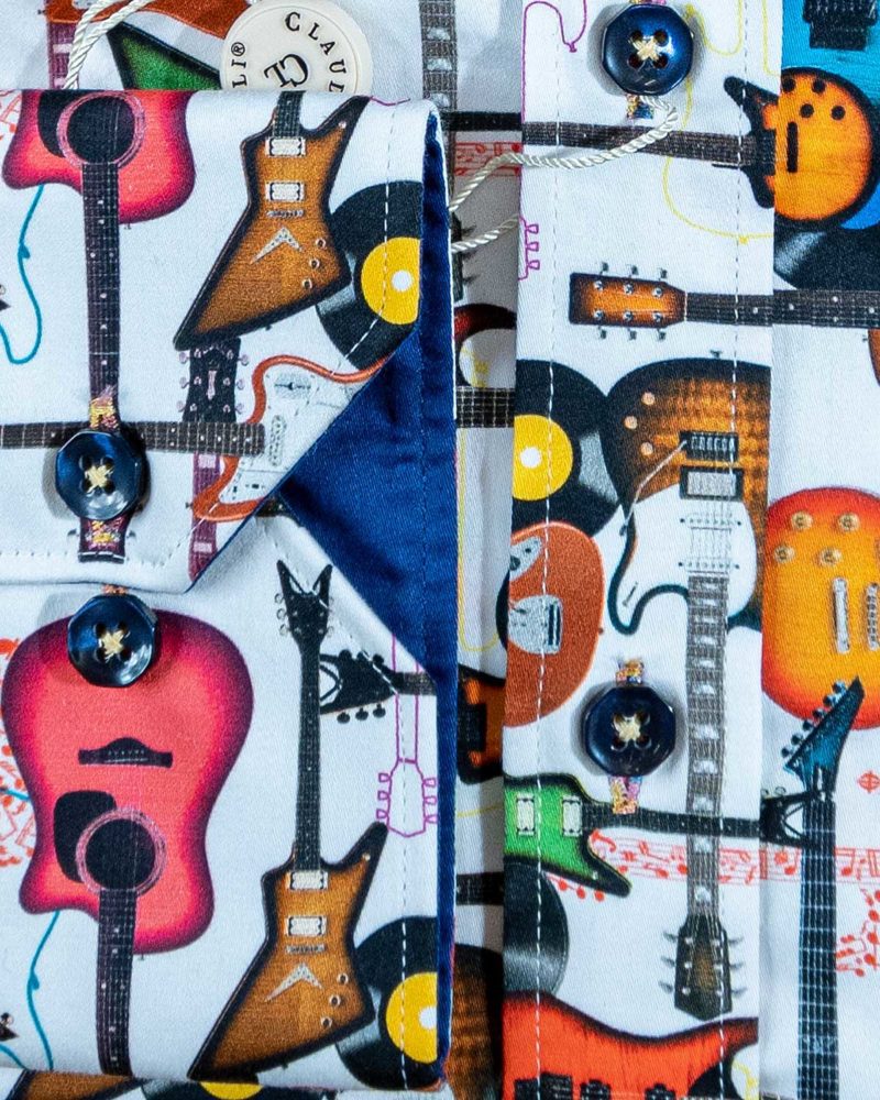 Claudio Lugli shirt with colourful guitars on white cotton with a blue lining