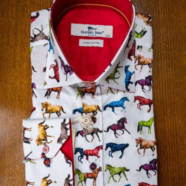 Claudio Lugli shirt with colourful horses on white cotton with a red lining