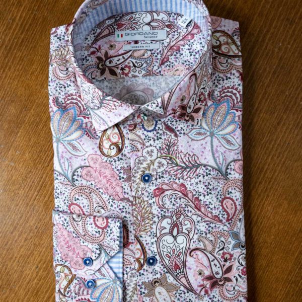 Giordano cotton shirt with exotic pink plants on white.