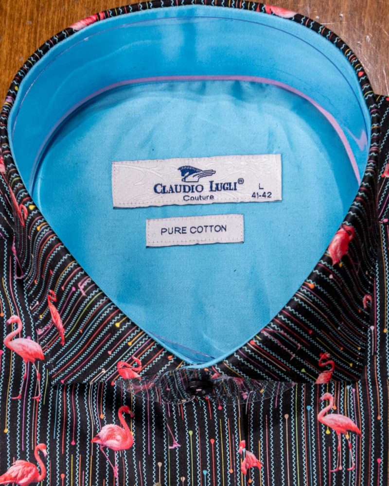 Claudio Lugli shirt with flamingos on black with blue details with bright blue lining on cuffs and collar