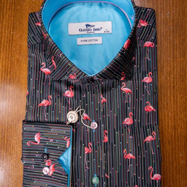 Claudio Lugli shirt with flamingos on black with blue details with bright blue lining on cuffs and collar