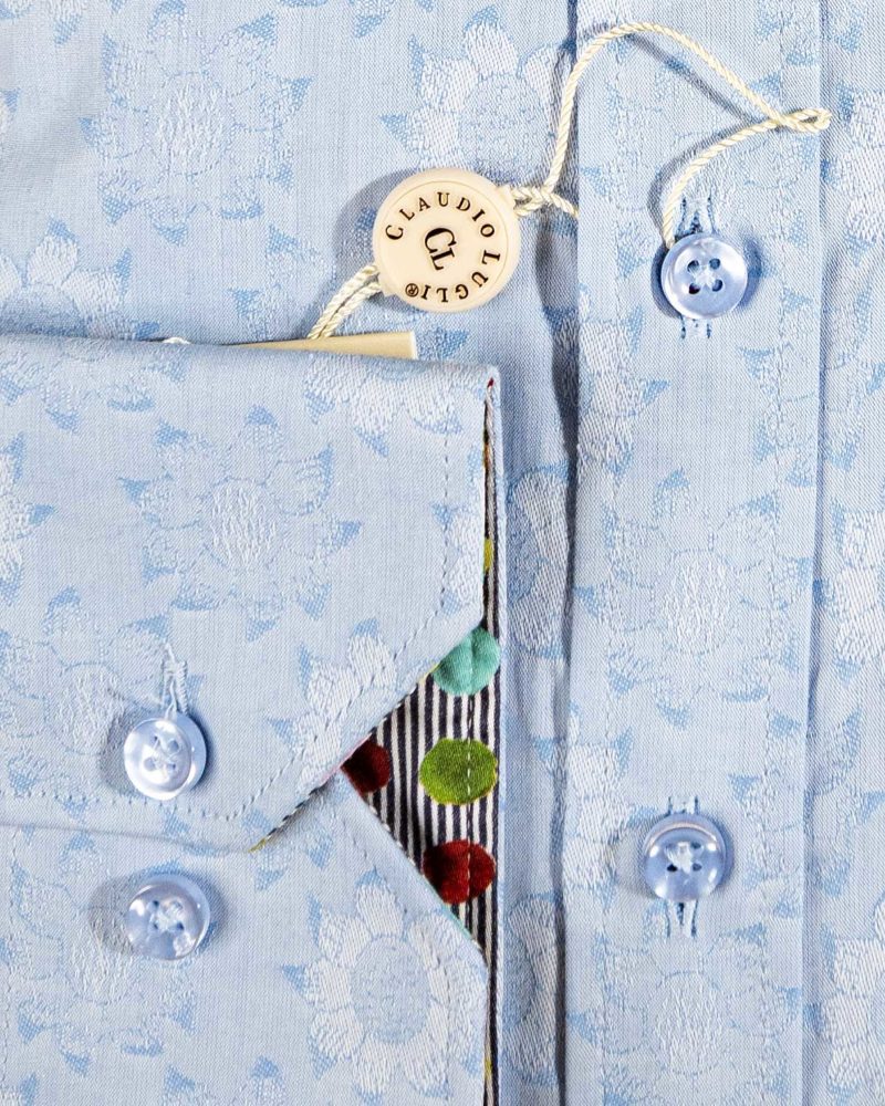 Claudio Lugli shirt with flowers on sky blue cotton with polka dot lining