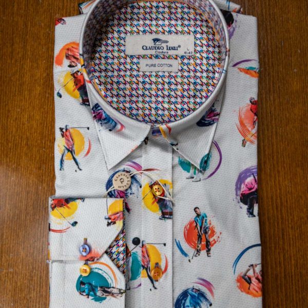 Claudio Lugli shirt on white cotton with a bright golfer design with a multicoloured patterned lining on cuffs and collar