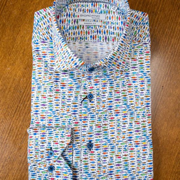Giordano cotton shirt with multicoloured fish on white