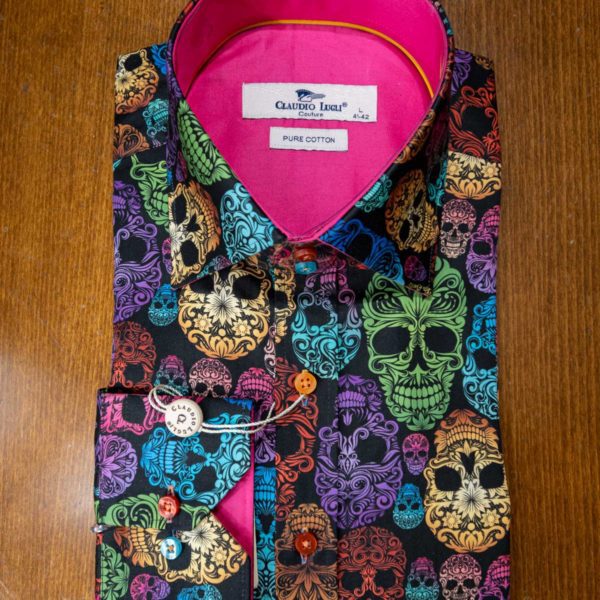 Claudio Lugli shirt on black cotton with large colourful skulls and a pink collar and cuff lining