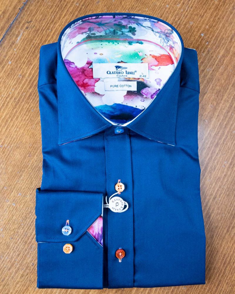 Claudio Lugli shirt in navy cotton with colourful buttons and lining