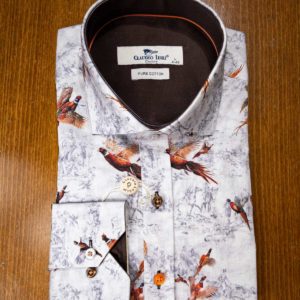 Claudio Lugli shirt with pheasants on grey with chocolate lining