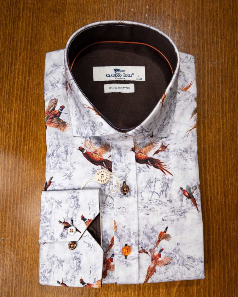 Claudio Lugli shirt with pheasants on grey with chocolate lining