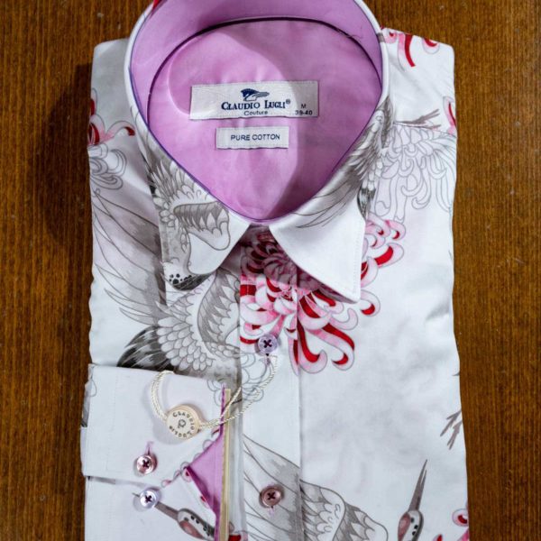 Claudio Lugli shirt with pink and grey large birds on white cotton with a pink lining