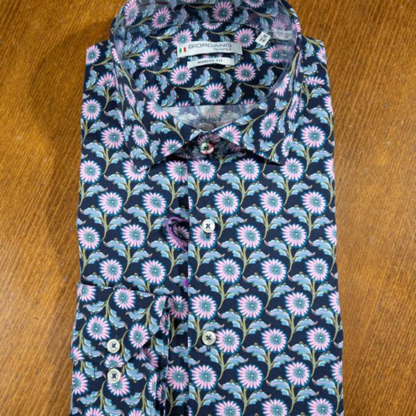 Giordano cotton shirt with pink and pale blue flowers on dark blue.