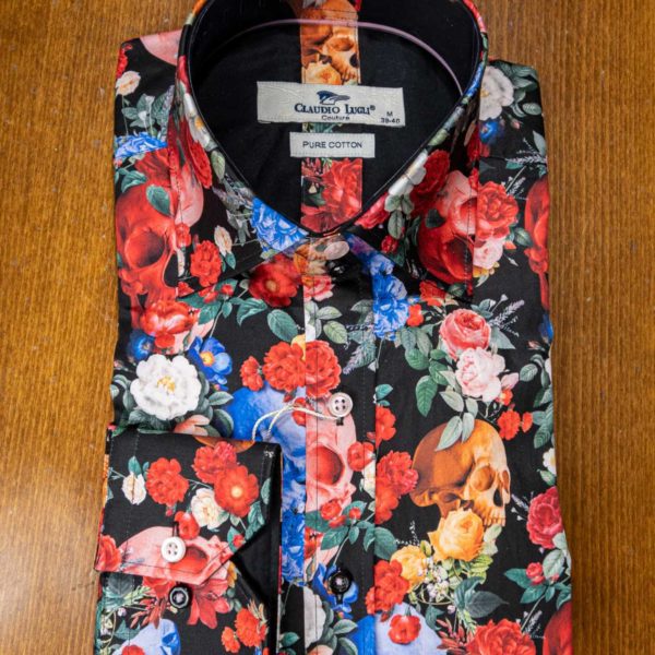Claudio Lugli shirt with red flowers on black cotton with large colourful skulls and a black lining