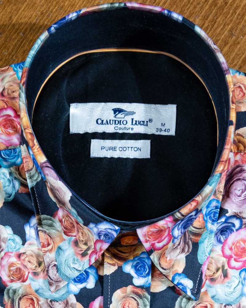 Claudio Lugli shirt with rose flowers on black cotton with a black lining