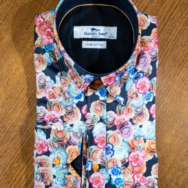Claudio Lugli shirt with rose flowers on black cotton with a black lining