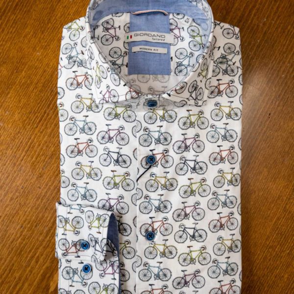 Giordano cotton shirt with small coloured bicycles on white