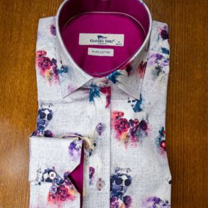 Claudio Lugli shirt with statues with sunshades and painted flowers on white