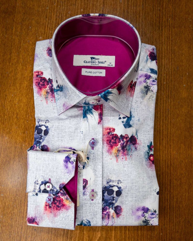Claudio Lugli shirt with statues with sunshades and painted flowers on white