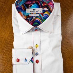 Claudio Lugli shirt in white cotton with detail stitching and colourful buttons and lining