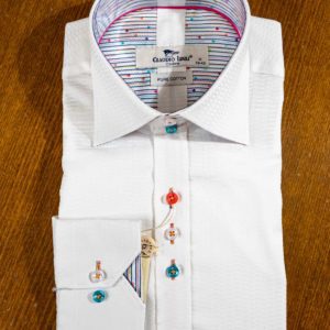 Claudio Lugli shirt in white cotton with block pattern collar and colourful buttons