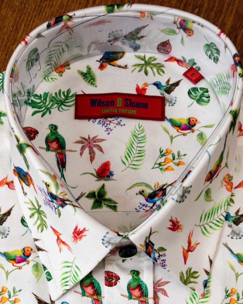 Wilson and Sloane shirt with exotic fruit and birds, white cotton