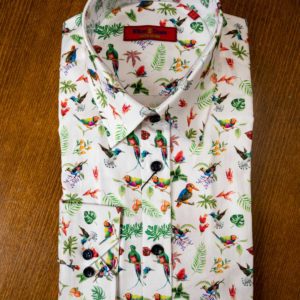 Wilson and Sloane shirt with exotic fruit and birds, white cotton