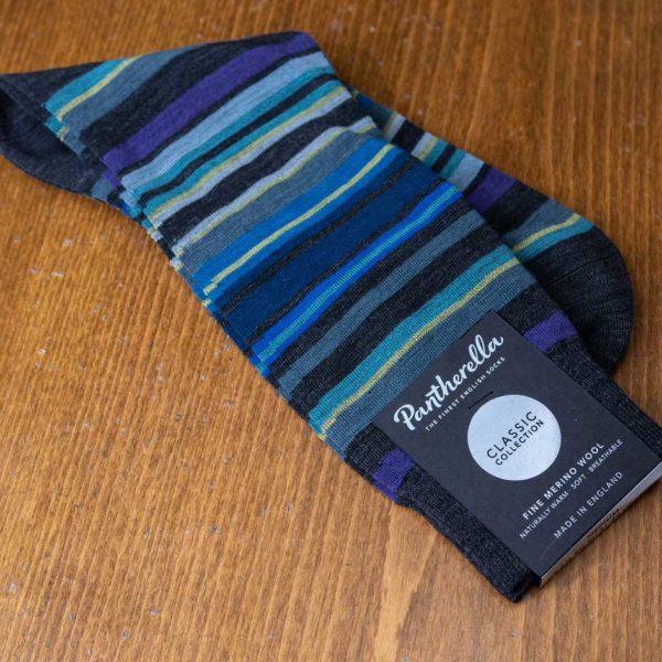 Pantherella Classic sock in charcoal with blue and purple stripes