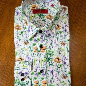 Wilson and Sloane shirt with late summer flowers and butterflies on white cotton